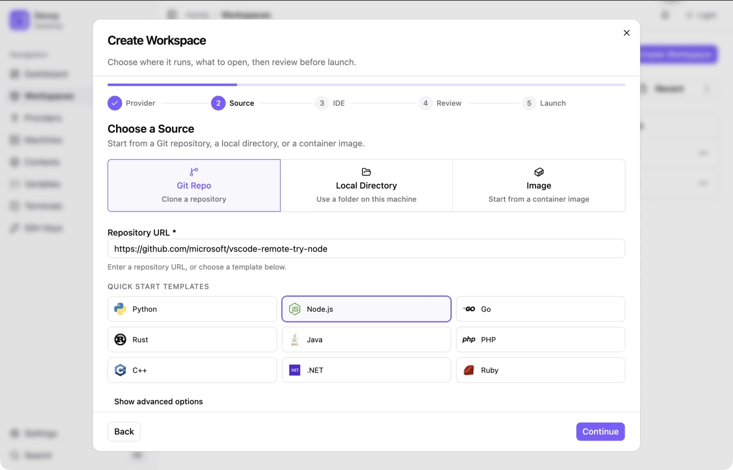 Devsy workspace creation wizard with the Node.js template selected and its Git repository ready to use.